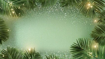 photorealistic top-view glamorous layout, fine premium glitter background with deep green glossy palm leaves along borders and shimmering lights. Tropical party celebration. 