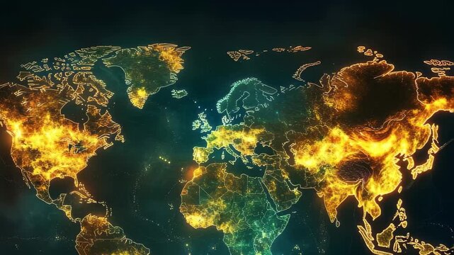 A detailed representation of the world map showcasing bright lights that highlight urban areas and population density. This nighttime view reveals the interconnectedness of global cities.