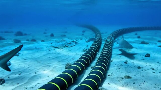Video, technology, illustration of undersea internet cables with sharks,