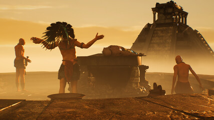 Atstec Maya leader raises his hands in the background of the pyramids at sunset render 3d