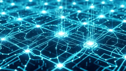 Futuristic digital network grid with glowing AI circuit connections and data flow lines