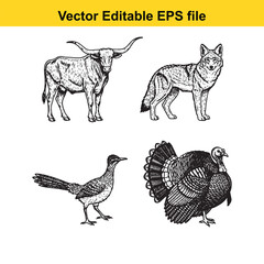 Fototapeta premium vector illustrations of various animals including bull, wolf, bird, and turkey in editable eps format for graphic design