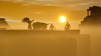 Atstec Maya leader raises his hands in the background of the pyramids at sunset render 3d