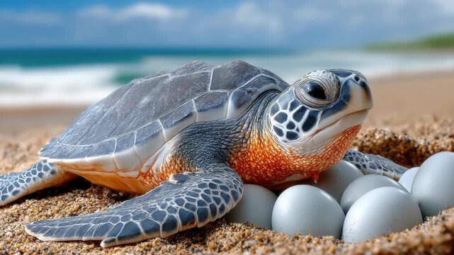 Beautiful female green sea turtle laying her eggs in a sandy nest on a tropical beach, ensuring the continuation of her species in a natural marine environment with the ocean in the background
