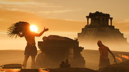 Atstec Maya leader raises his hands in the background of the pyramids at sunset render 3d