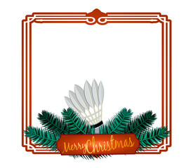 Christmas shuttlecock surrounded by pine branches, holly and ribbon. Ideal for holiday cards, winter graphics and sport-themed Christmas compositions.