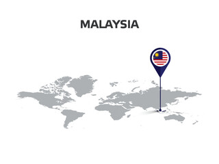 MALAYSIA Location Pin on World Map with Flag in Pin's Body