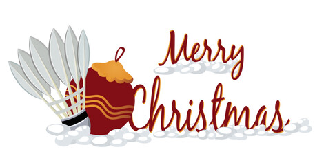 Christmas shuttlecock surrounded by pine branches, holly and ribbon. Ideal for holiday cards, winter graphics and sport-themed Christmas compositions.