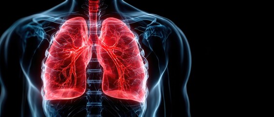 A detailed anatomical illustration of human lungs glowing in red, showcasing intricate respiratory structures with a black background, copy space