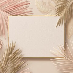 mockup card with frame in the center and tropical pastel leaves around. Center Copy Space