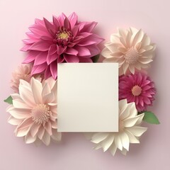 luxurious glossy dahlias in vivid pink and white tones arranged around  mockup card