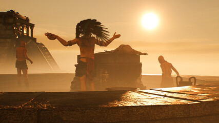 Atstec Maya leader raises his hands in the background of the pyramids at sunset render 3d