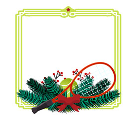 Tennis ball surrounded by pine branches, holly and festive elements. Ideal for holiday cards and winter sport graphics.