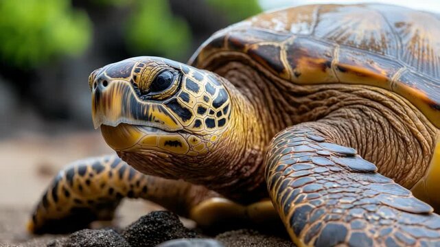 Magnificent Hawaiian green sea turtle - honu - resting on sunlit sand, head turned to survey the tranquil beach and shallow Pacific waters in its natural coastal habitat