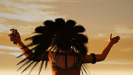 Atstec Maya leader raises his hands in the background of the pyramids at sunset render 3d