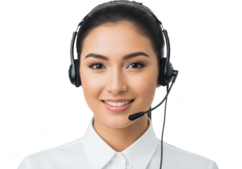 Friendly smiling woman wearing a headset and white collared shirt isolated on transparent background