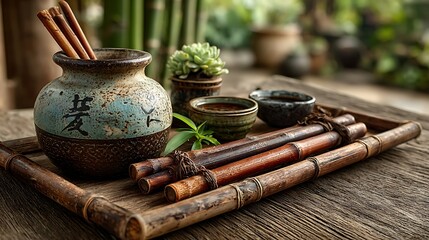 Bamboo rustic tray with incense sticks set high resolution picture