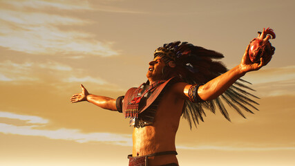 Atstec Maya leader raises his hands in the background of the pyramids at sunset render 3d
