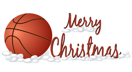 Realistic basketball resting on snow beside stylish &ldquo;Merry Christmas&rdquo; text. Ideal for holiday promotions, team greetings, and sports-themed seasonal graphics.