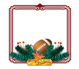 American football decorated with pine, holly and festive ribbon. Ideal for holiday graphics, cards and Christmas sport compositions.