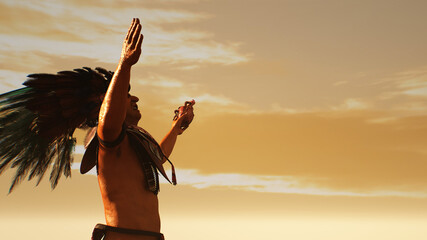 Atstec Maya leader raises his hands in the background of the pyramids at sunset render 3d