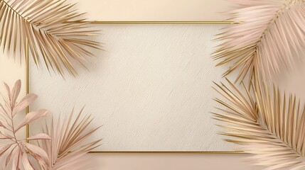 mockup card with frame in the center and tropical pastel leaves around. Center Copy Space