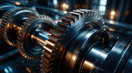 Gleaming metal gears interlock with precision in an industrial setting, showcasing intricate engineering and mechanical craftsmanship.