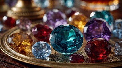 Assorted colorful gemstones on an ornate tray sparkle under warm light, ideal for luxury and jewelry advertising.