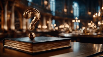 A golden question mark sits atop a closed antique book in a grand library, creating a mysterious and thought-provoking atmosphere.
