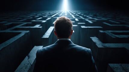 Businessman facing a concrete maze, highlighting determination to overcome challenges. Suitable for concepts like strategy and decision-making.