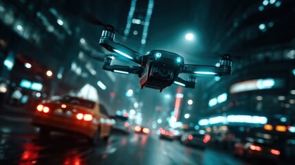 A drone navigates a vibrant city street, illustrating urban mobility and technological advancement in a futuristic setting.