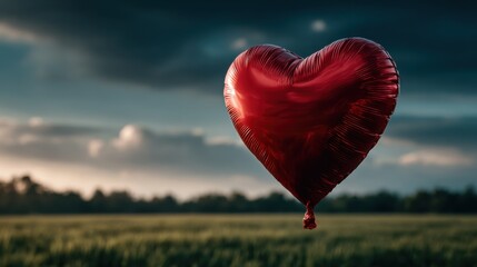 A red heart-shaped balloon floats above a lush green field against a dramatic sky, conveying love and whimsical serenity.