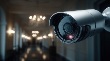 Modern security camera monitoring a bright hallway, emphasizing safety and surveillance technology for indoor spaces like homes, offices, and apartments.