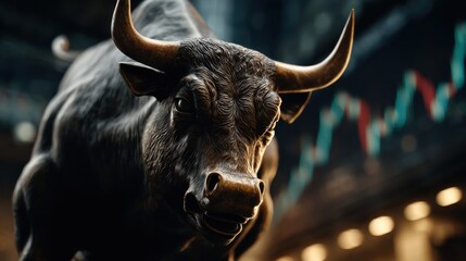Powerful bull with financial charts symbolizing stock market growth, illuminated in golden light, conveying strength and prosperity.