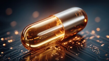 Futuristic digital pill hovering over a glowing circuit board, symbolizing cutting-edge AI precision medicine and technological advancement.