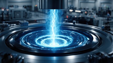 Futuristic nuclear reactor with vibrant blue energy core, showcasing cutting-edge technology and engineering marvel, ideal for technology and energy concepts.