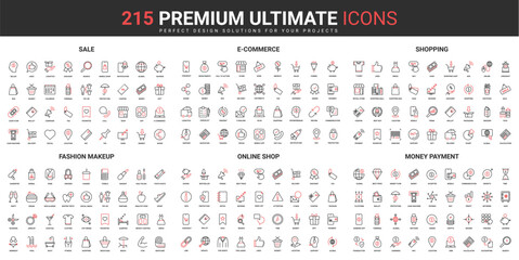 Sales of online retail store, beauty makeup, money payment color thin line red black set vector illustration. Abstract symbols of ecommerce and quality, orders in shop simple design mobile, web apps