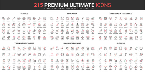 Science, education and artificial intelligence technology thin line red black icons set vector illustration. Abstract symbols machine learning, success training simple design for mobile and web apps