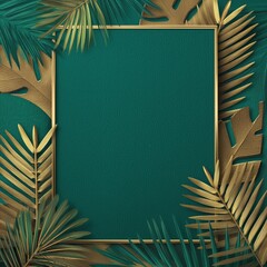 Flat lay top-view luxurious mockup card with rich textured paper, bold gold-foil frame in the center, stylized vector palm leaves around edges, emerald green, deep teal and gold accents