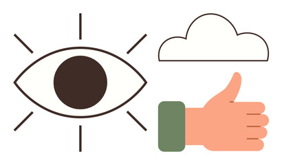 Open eye radiating lines, cloud, and thumbs-up symbol. Ideal for vision, awareness, feedback, optimism, mindfulness simplicity decision-making. Bold design conveys a simple flat metaphor