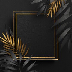 Flat lay top-view modern graphic mockup card with matte textured surface, geometric gold-foil frame centered, high-contrast vector palm leaves around edges