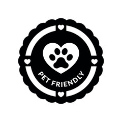 Pet friendly vector label on white background. Animal protection round logo solid symbol, pet care, cat paw icon. Veterinary medicine concept.	