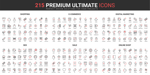 Shopping, digital marketing campaign thin line red black icons set vector illustration. Abstract symbols ecommerce strategy, online store, SEO service for sales simple design for mobile and web apps