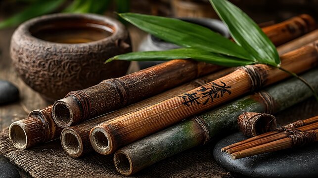 Bamboo stones balance with hot tea spa high resolution picture