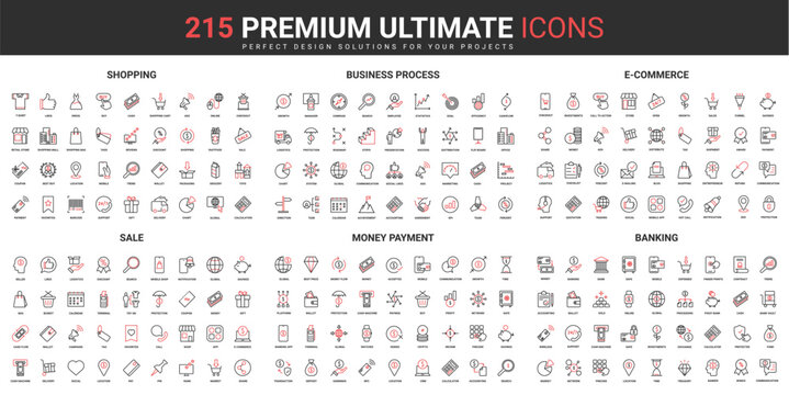 Banking, money payment, sales of ecommerce thin line red black icons set vector illustration. Abstract symbols of success business processes, shopping in retail store simple design mobile, web apps