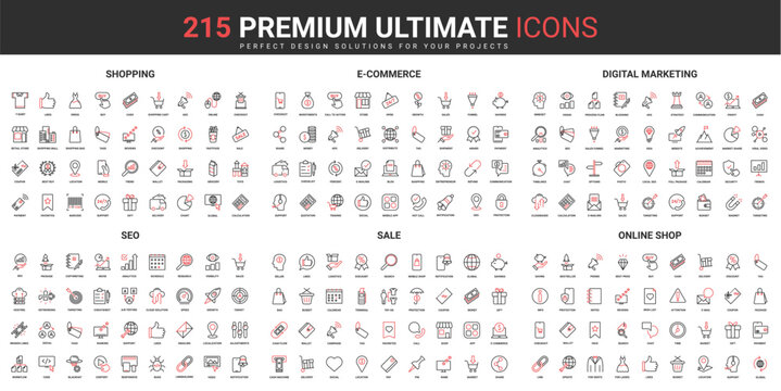 Shopping, digital marketing campaign thin line red black icons set vector illustration. Abstract symbols ecommerce strategy, online store, SEO service for sales simple design for mobile and web apps