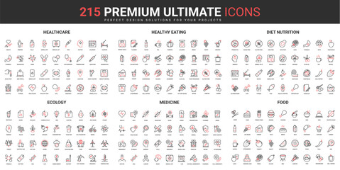 Fototapeta na wymiar Food, ecology and medicine thin line red black icons set vector illustration. Abstract symbols of medical diagnostic and healthcare, health menu, environmental resources simple design mobile web apps