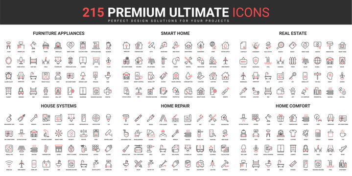 Smart home furniture and appliances, building repair thin line red black icons set vector illustration. Abstract symbols control for comfort house system, real estate simple design for mobile, web app