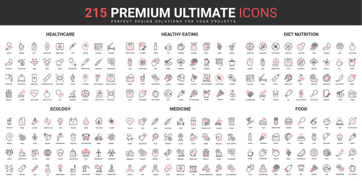 Food, ecology and medicine thin line red black icons set vector illustration. Abstract symbols of medical diagnostic and healthcare, health menu, environmental resources simple design mobile web apps