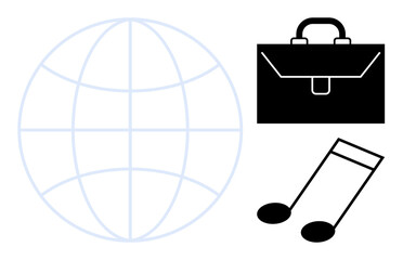 Global communication, professional work , music, networking, worldwide reach, business tools. A globe, a briefcase and musical notes are . Global communication and professional work concept